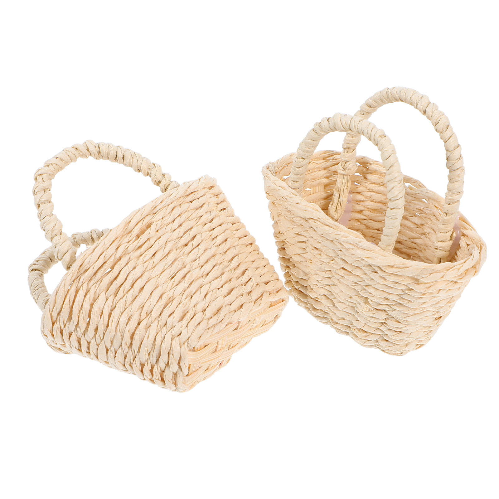 Desk Setup For Small Space - 2Pcs Mini Raffia Handle Basket Woven