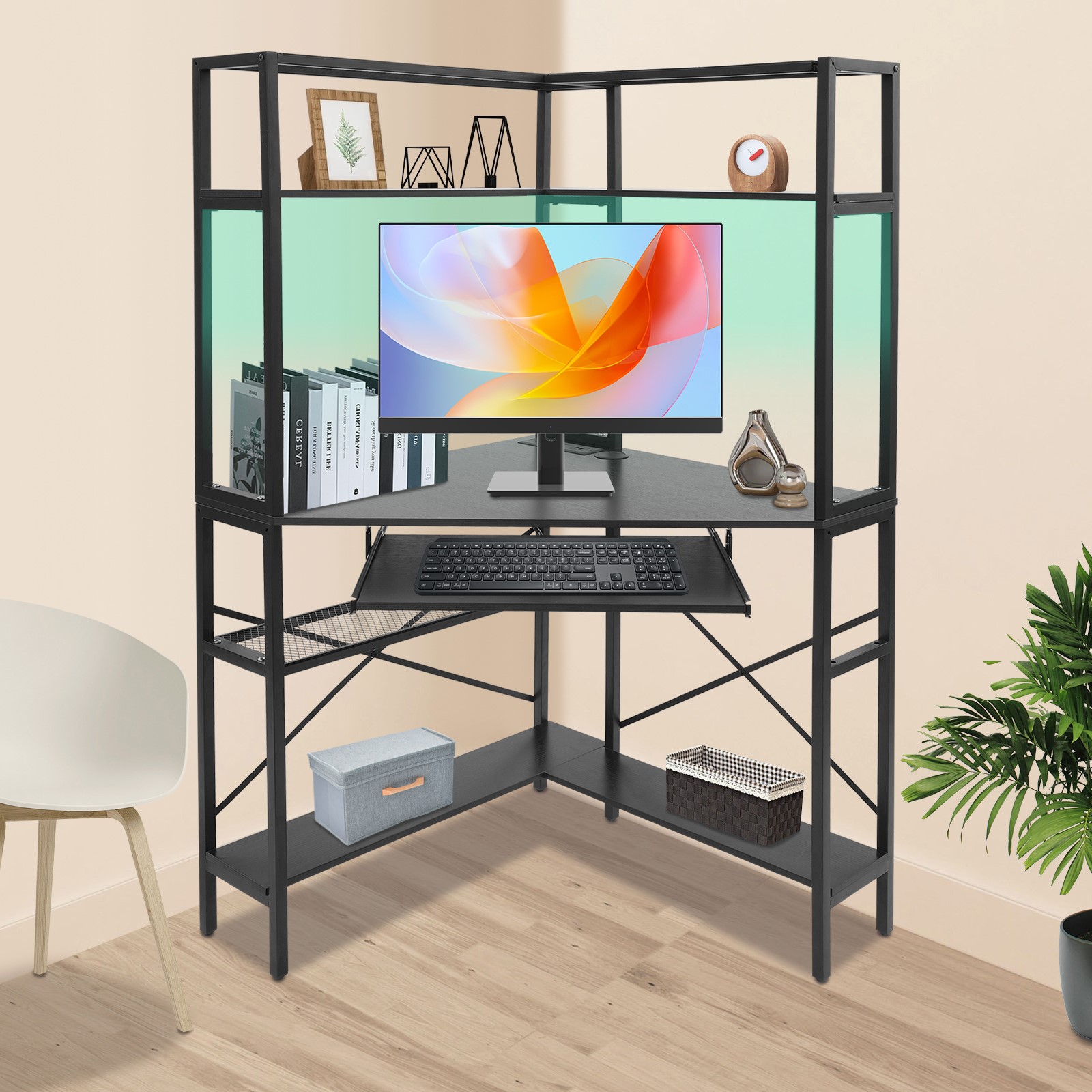 Desk Setup For Small Space - Triangular Corner Computer Desk with LED